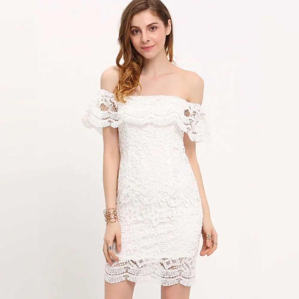 ✨White Straight Across Lace Ruffle Bodycon Dress✨
